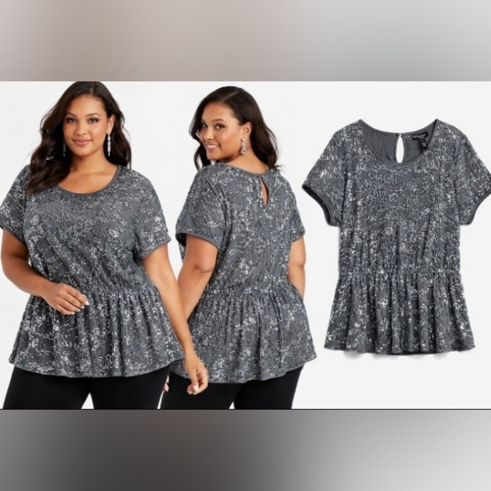 Ashley Stewart Sequin Pleated Blouse Top Gray Silver Stretch Party Size 18/20